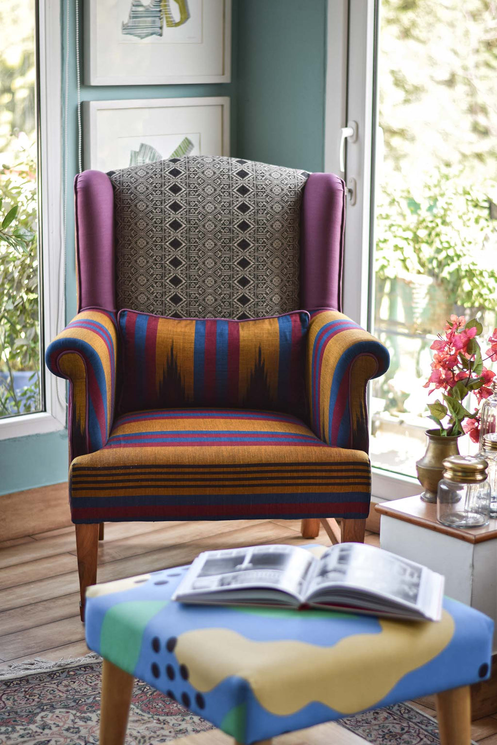 The Daisy Wingback | Mustard Stripe/Eggplant Ikat Sari edition